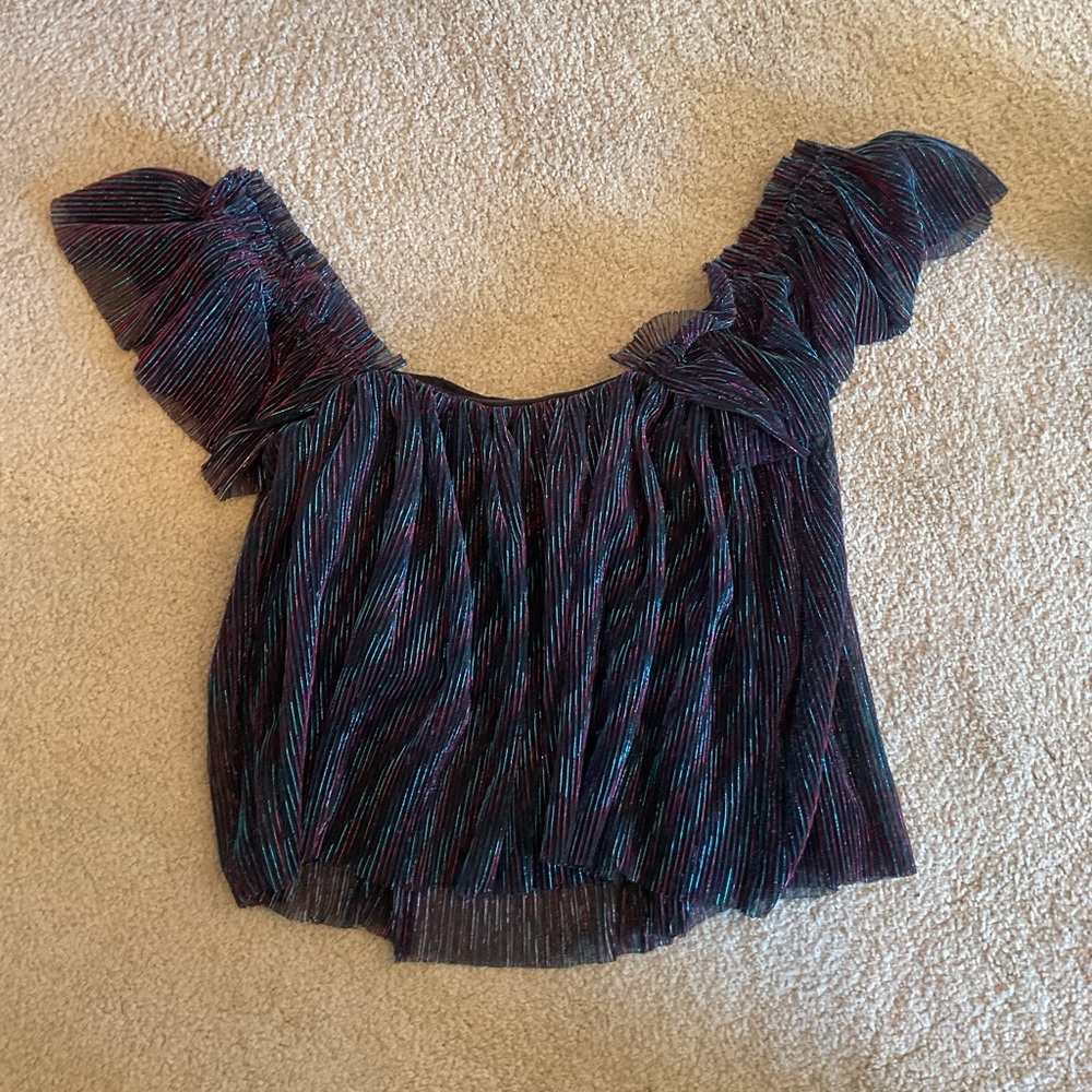 Top with shiny blue and red thread on black fabric. Urban outfitters Small